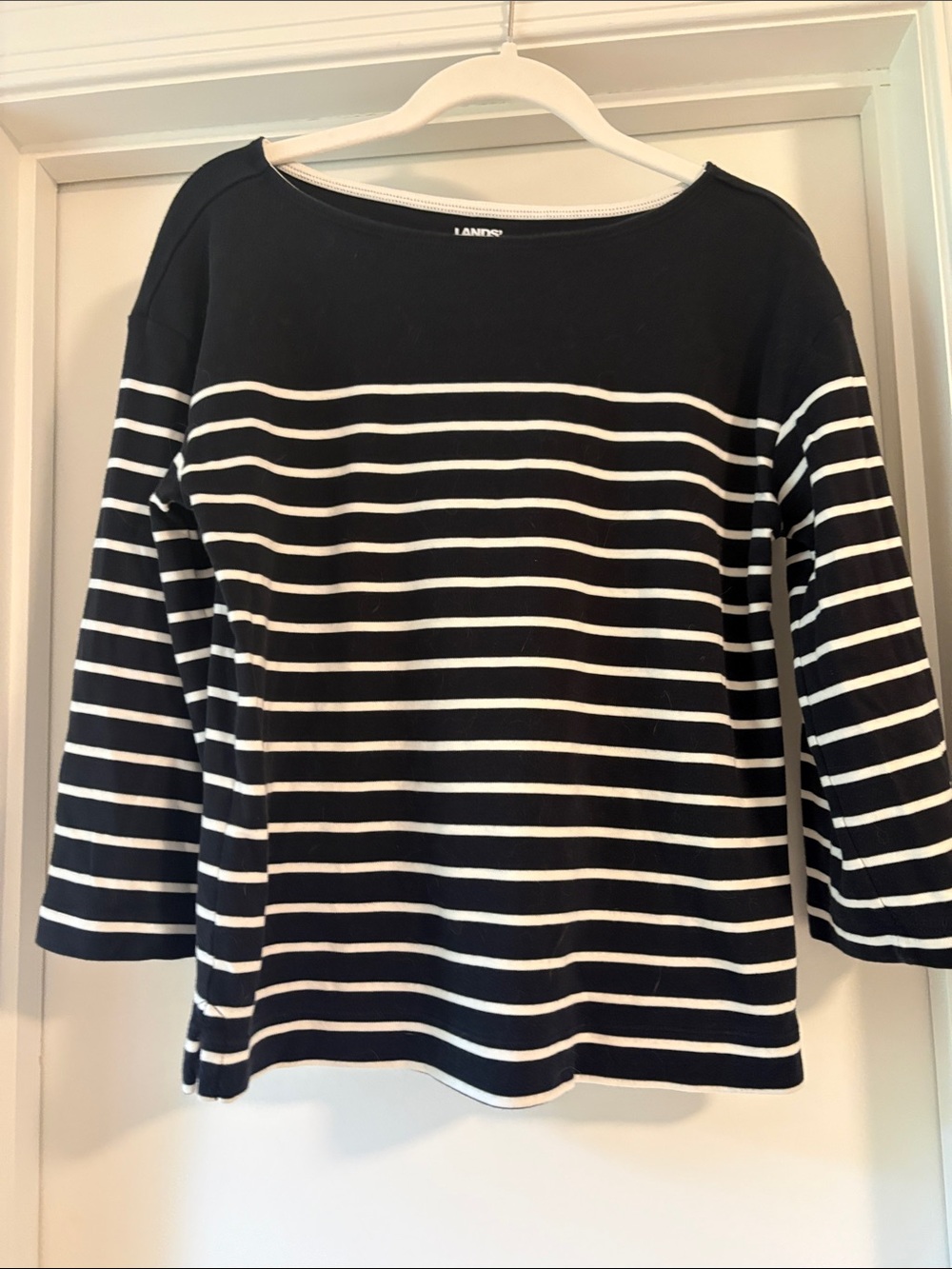 Lands' End Black and White Striped Boatneck Top